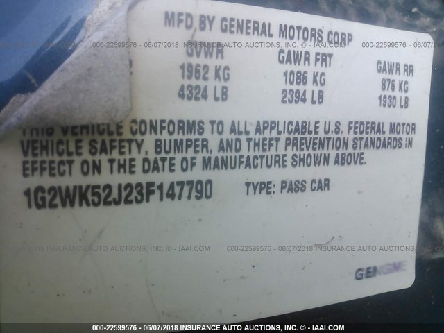 1G2WK52J23F147790 - 2003 PONTIAC GRAND PRIX SE GREEN photo 9