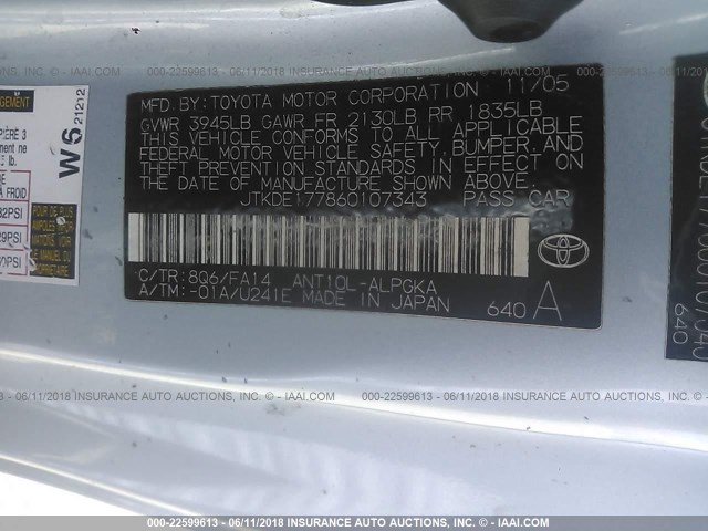 JTKDE177860107343 - 2006 TOYOTA SCION TC 浅蓝色 照片 9