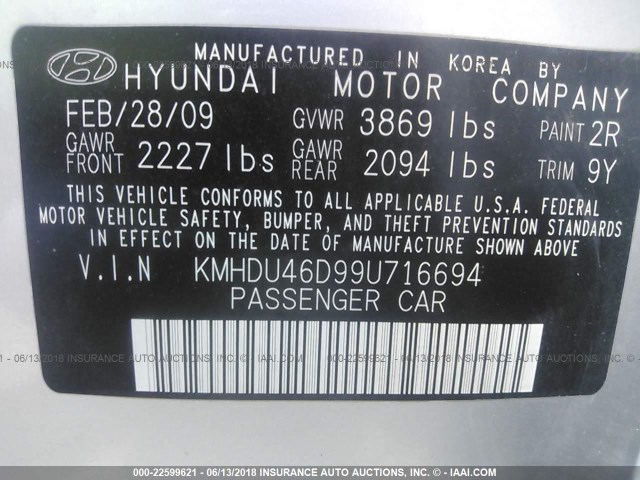 KMHDU46D99U716694 - 2009 HYUNDAI ELANTRA GLS/SE SILVER photo 9