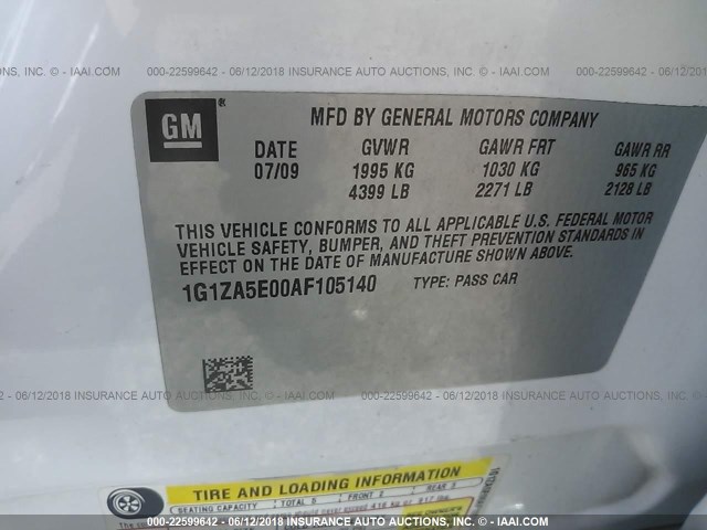 1G1ZA5E00AF105140 - 2010 CHEVROLET MALIBU LS WHITE photo 9