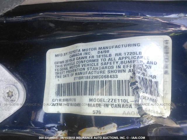 2T1BR18E2WC068433 - 1998 TOYOTA COROLLA VE/CE/LE 蓝色 照片 9