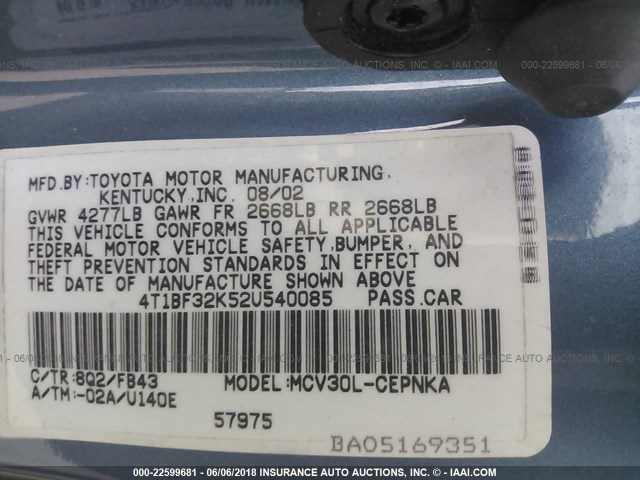 4T1BF32K52U540085 - 2002 TOYOTA CAMRY LE/XLE/SE Mavi foto 9