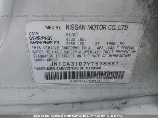 JN1CA31D7YT538561 - 2000 NISSAN MAXIMA GLE/GXE/SE WHITE photo 9