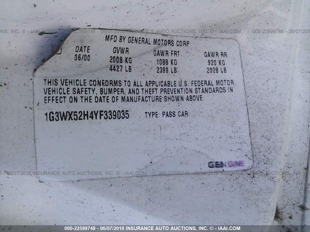 1G3WX52H4YF339035 - 2000 OLDSMOBILE INTRIGUE GLS WHITE photo 9