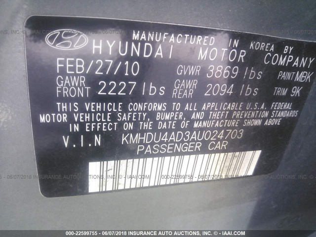 KMHDU4AD3AU024703 - 2010 HYUNDAI ELANTRA BLUE/GLS/SE GREEN photo 9