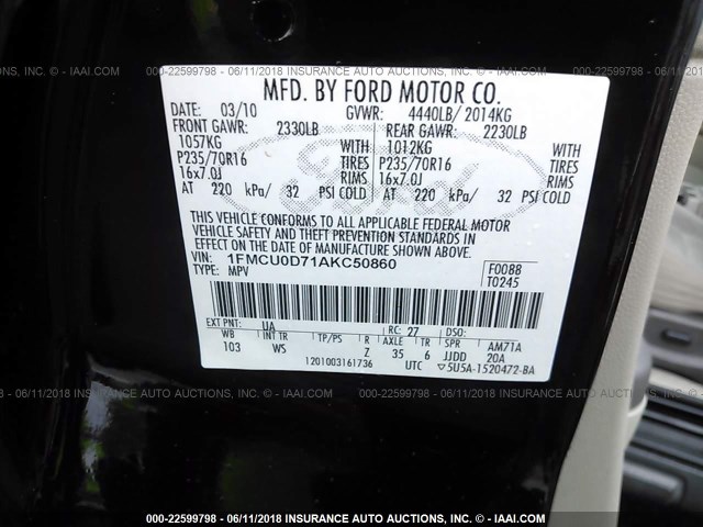 1FMCU0D71AKC50860 - 2010 FORD ESCAPE XLT BLACK photo 9