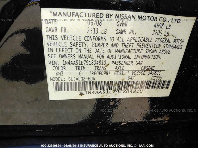 1N4AA51E79C804810 - 2009 NISSAN MAXIMA S/SV BLACK photo 9