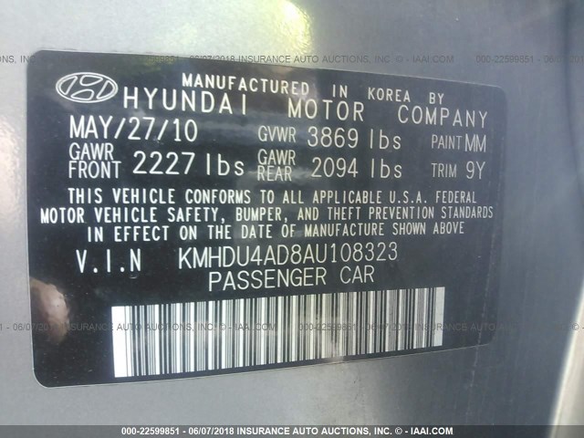 KMHDU4AD8AU108323 - 2010 HYUNDAI ELANTRA BLUE/GLS/SE GRAY photo 9