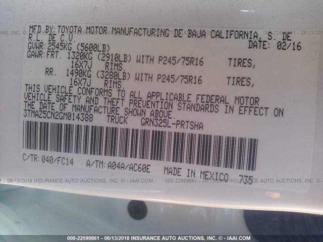 3TMAZ5CN2GM014388 - 2016 TOYOTA TACOMA DBL CAB/SR5/TRD SPORT/OR WHITE photo 9