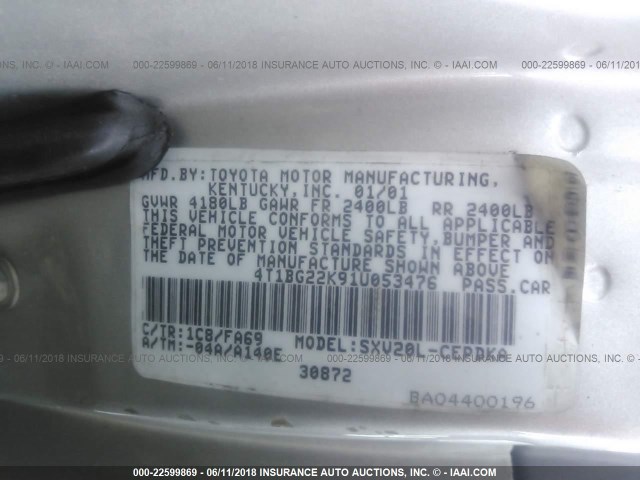 4T1BG22K91U053476 - 2001 TOYOTA CAMRY CE/LE/XLE 银色 照片 9