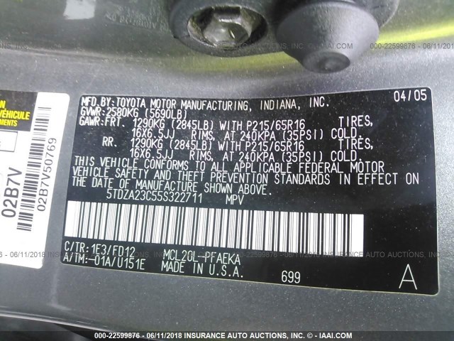 5TDZA23C55S322711 - 2005 TOYOTA SIENNA CE/LE GRAY photo 9