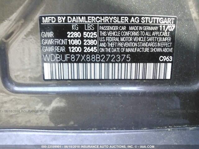 WDBUF87X88B272375 - 2008 MERCEDES-BENZ E 350 4MATIC GRAY photo 9