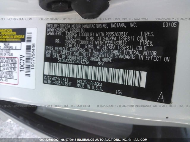 5TDBA22C25S042764 - 2005 TOYOTA SIENNA XLE/XLE LIMITED WHITE photo 9