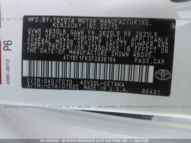 4T1BF1FK3FU936164 - 2015 TOYOTA CAMRY LE/XLE/SE/XSE 白色 照片 9