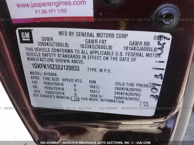 1GKFK16Z32J128833 - 2002 GMC YUKON XL K1500 BURGUNDY photo 9