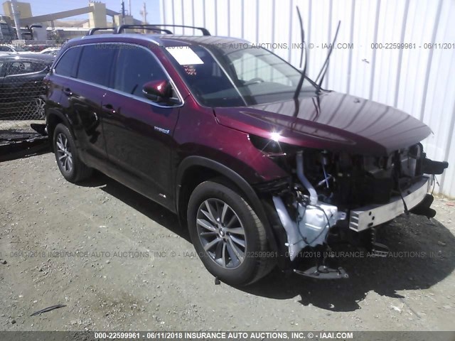 5TDJGRFH4JS039576 - 2018 TOYOTA HIGHLANDER HYBRID/XLE BURGUNDY photo 1