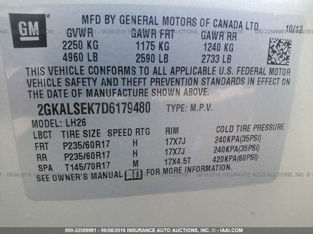 2GKALSEK7D6179480 - 2013 GMC TERRAIN SLE BEIGE photo 9