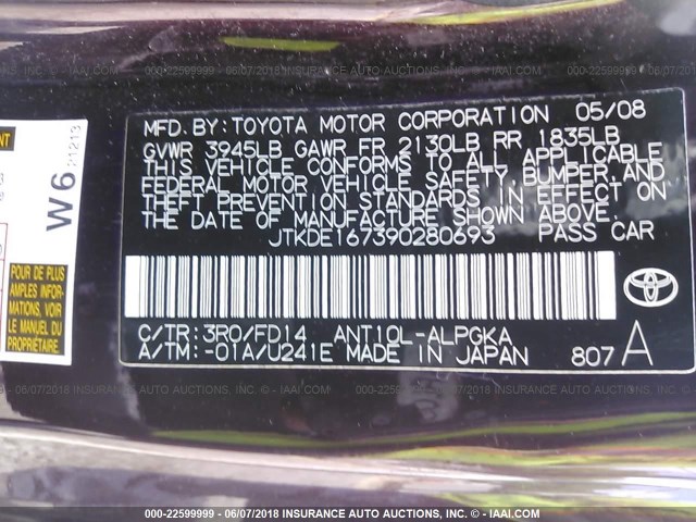 JTKDE167390280693 - 2009 TOYOTA SCION TC 栗色 照片 9