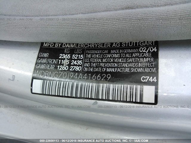 WDBNG70J94A416629 - 2004 MERCEDES-BENZ S 430 SILVER photo 9
