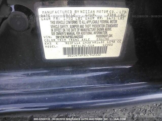 3N1CN7AP3CL942332 - 2012 NISSAN VERSA S/SV/SL BLACK photo 9