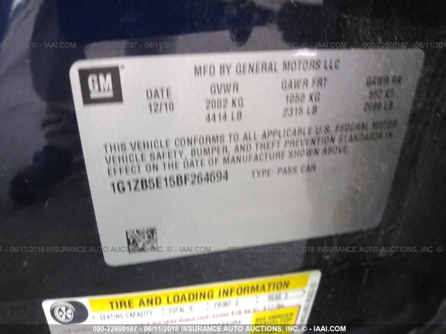 1G1ZB5E15BF264694 - 2011 CHEVROLET MALIBU LS ლურჯი ფოტო 9