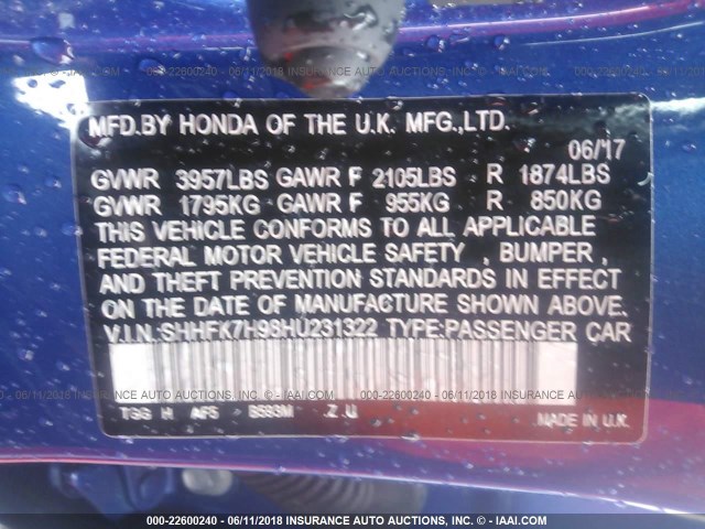 SHHFK7H98HU231322 - 2017 HONDA CIVIC SPORT TOURING BLUE photo 9