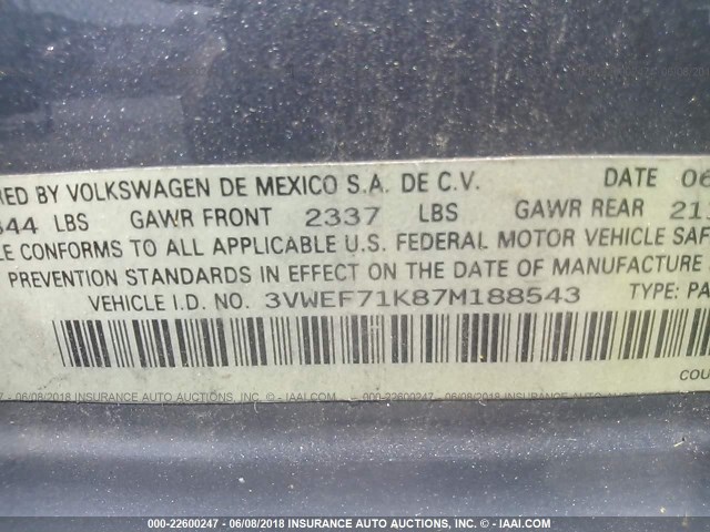 3VWEF71K87M188543 - 2007 VOLKSWAGEN JETTA WOLFSBURG 银色 照片 9