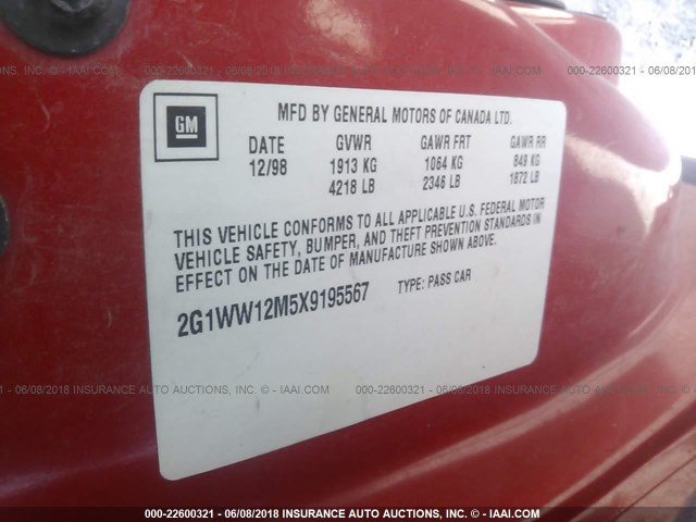 2G1WW12M5X9195567 - 1999 CHEVROLET MONTE CARLO LS წითელი ფოტო 9