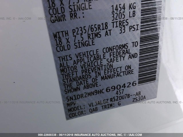 5N1DR2MN9HC690426 - 2017 NISSAN PATHFINDER S/SV/SL/PLATINUM 白色 照片 9