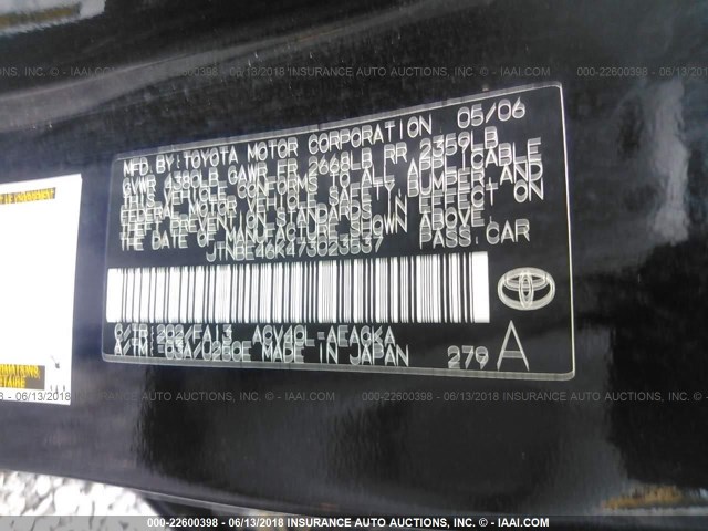 JTNBE46K473023537 - 2007 TOYOTA CAMRY NEW GENERAT CE/LE/XLE/SE BLACK photo 9