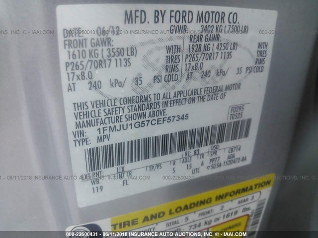 1FMJU1G57CEF57345 - 2012 FORD EXPEDITION XL SILVER photo 9