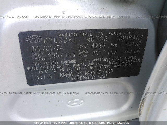 KMHWF35H85A107903 - 2005 HYUNDAI SONATA GLS/LX SILVER photo 9