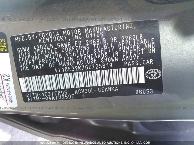 4T1BE32K76U725618 - 2006 TOYOTA CAMRY LE/XLE/SE Boz foto 9