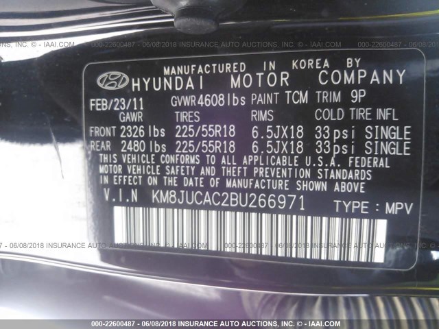 KM8JUCAC2BU266971 - 2011 HYUNDAI TUCSON GLS/LIMITED BLACK photo 9