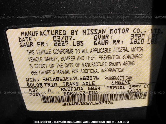 3N1AB61E67L682376 - 2007 NISSAN SENTRA 2.0/2.0S/2.0SL BROWN photo 9