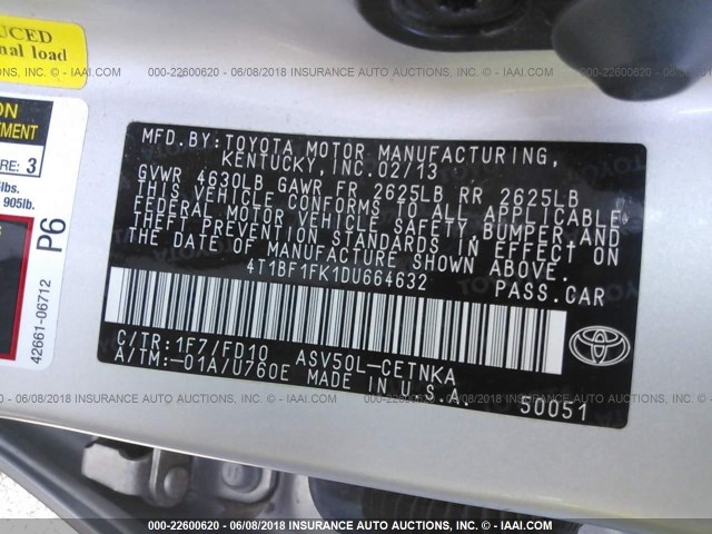 4T1BF1FK1DU664632 - 2013 TOYOTA CAMRY L/SE/LE/XLE 银色 照片 9