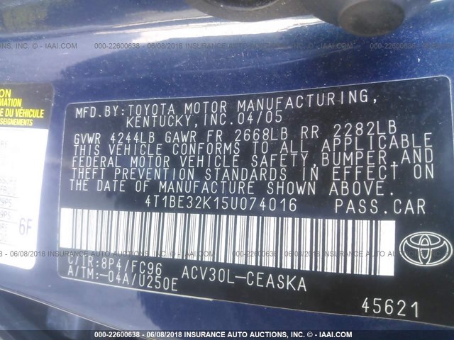 4T1BE32K15U074016 - 2005 TOYOTA CAMRY LE/XLE/SE 蓝色 照片 9