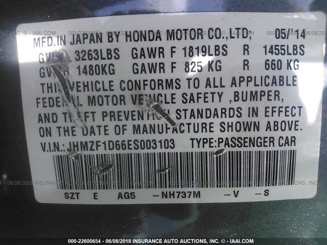 JHMZF1D66ES003103 - 2014 HONDA CR-Z EX GRAY photo 9