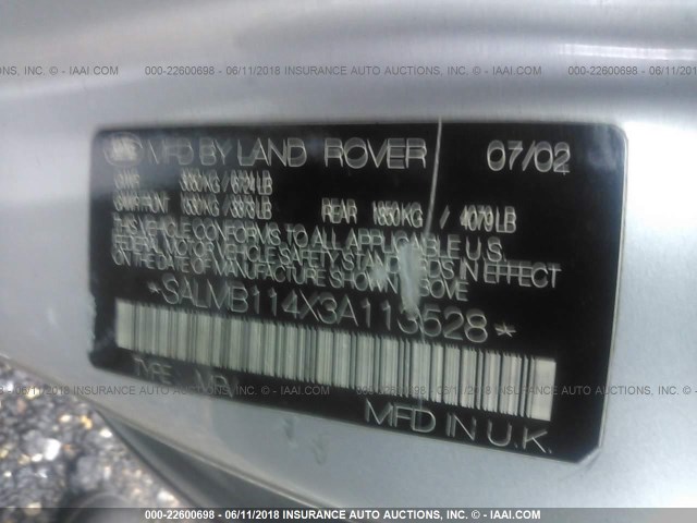 SALMB114X3A113528 - 2003 LAND ROVER RANGE ROVER HSE SILVER photo 9