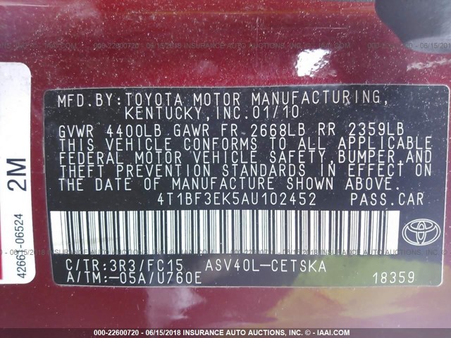 4T1BF3EK5AU102452 - 2010 TOYOTA CAMRY SE/LE/XLE 红色 照片 9