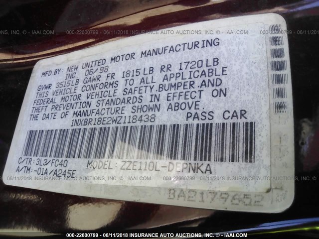 1NXBR18E2WZ118438 - 1998 TOYOTA COROLLA VE/CE/LE 红色 照片 9