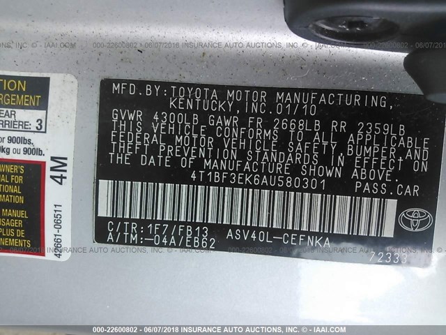 4T1BF3EK6AU580301 - 2010 TOYOTA CAMRY SE/LE/XLE 银色 照片 9