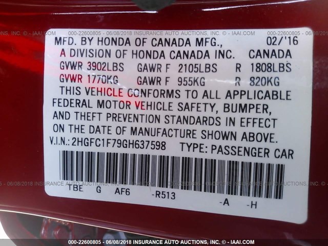 2HGFC1F79GH637598 - 2016 HONDA CIVIC EXL RED photo 9