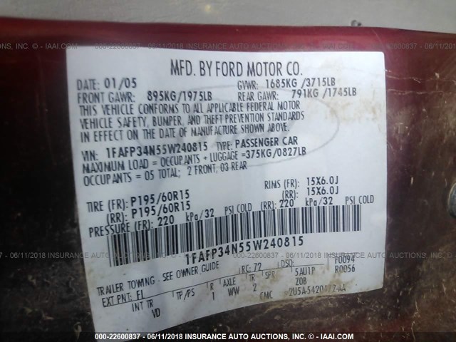 1FAFP34N55W240815 - 2005 FORD FOCUS ZX4 RED photo 9