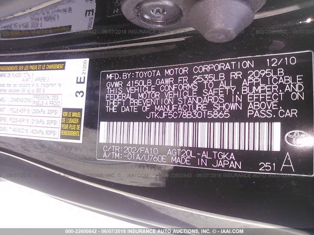 JTKJF5C78B3015865 - 2011 TOYOTA SCION TC 黑色 照片 9