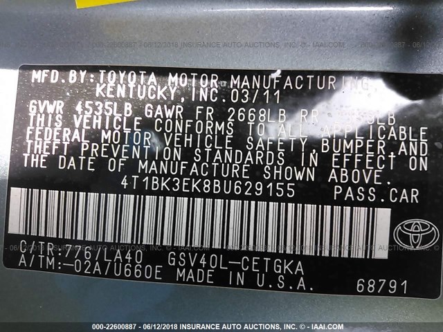 4T1BK3EK8BU629155 - 2011 TOYOTA CAMRY SE/LE/XLE 青绿色 照片 9