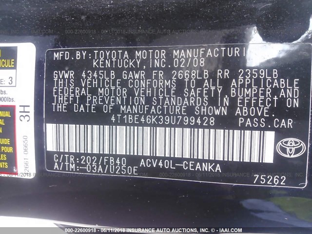 4T1BE46K394799428 - 2009 TOYOTA CAMRY SE/LE/XLE 黑色 照片 9