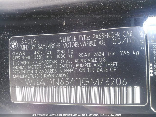 WBADN63411GM73206 - 2001 BMW 540 I AUTOMATIC BLACK photo 9