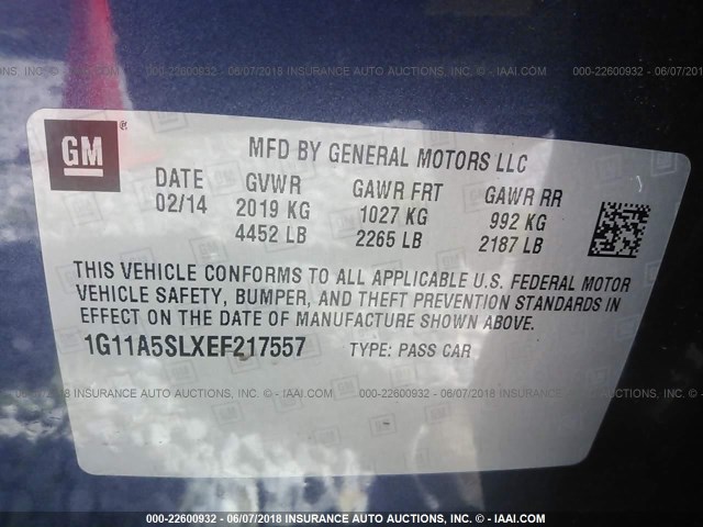 1G11A5SLXEF217557 - 2014 CHEVROLET MALIBU LS Mavi foto 9