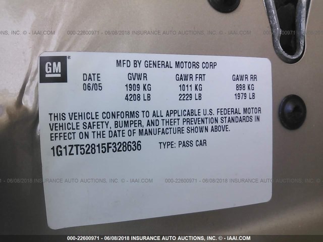 1G1ZT52815F328636 - 2005 CHEVROLET MALIBU LS GOLD photo 9